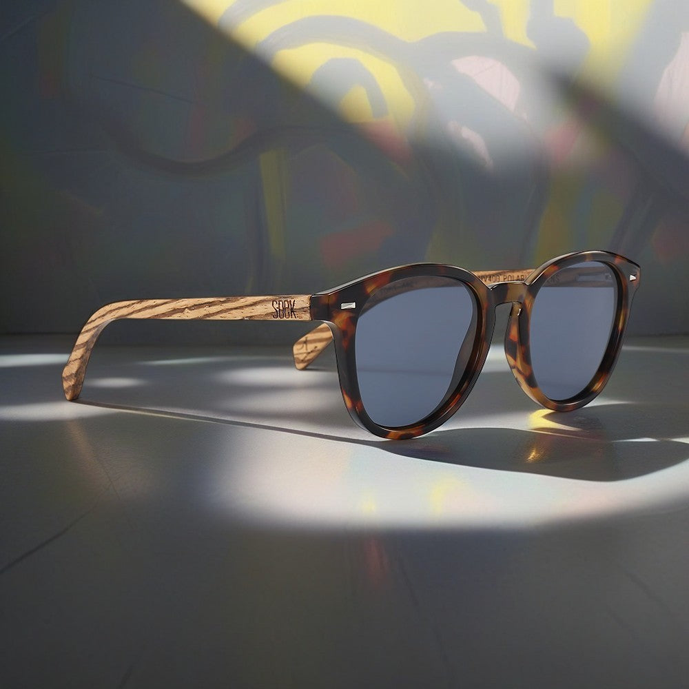 Soek Taine Tort Blue Lens Sunglasses - Tort Frame - Walnut Wooden Arms